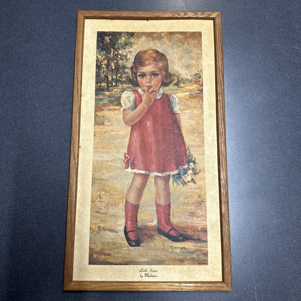 Medeiros Big Eyed Girl 1960's On Art Board And Wood Frame Mid-Century Modern